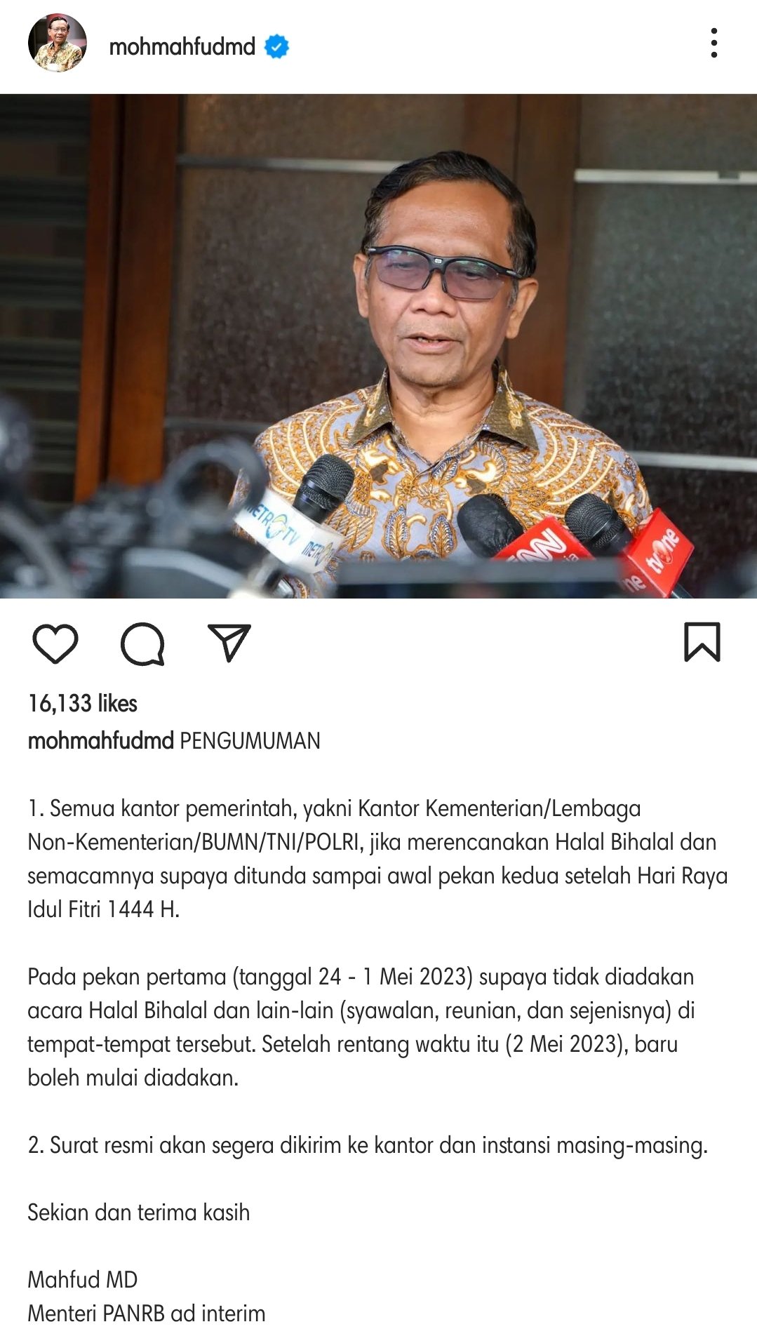 Instagram Mahfud MD