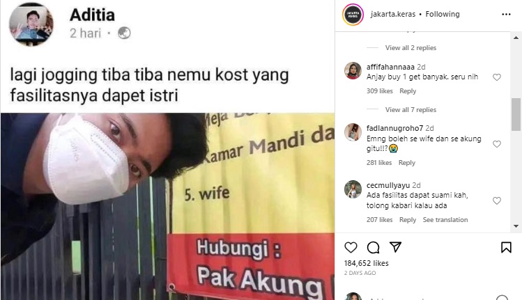 Unggahan viral kos kosan tawari istri