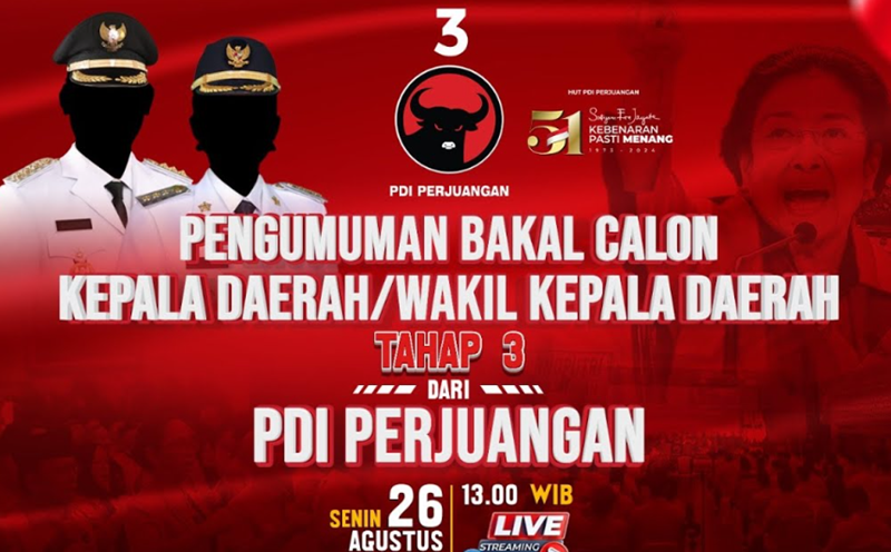 Pengumuman Bakal Calon Kepala Daerah PDIP ke 3