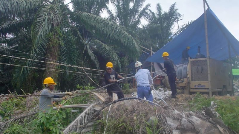 pengerjaan stringing SUTT 150 Kv Maloy - Talisayan, Berau, Kalimantan Timur