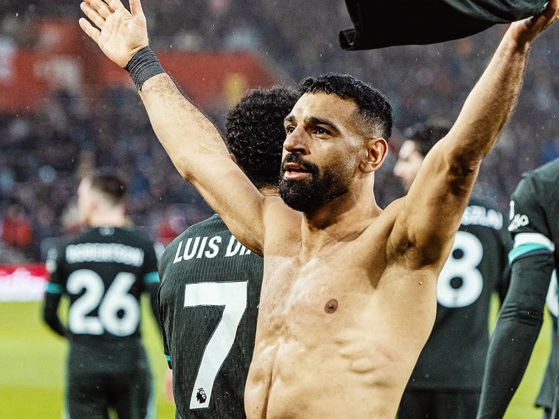 Mohamed Salah ketika selebrasi gol lawan Southampton di lanjutan Liga Inggris