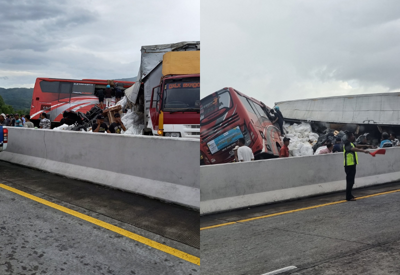 Kecelakaan Bus pariwisata Tirto Agung bernomor polisi S 7607 UW mengalami kecelakaan dengan truk kontainer Wingbox bernomor polisi S 9126 UU di KM 77+200 Tol Pandaan - Malang