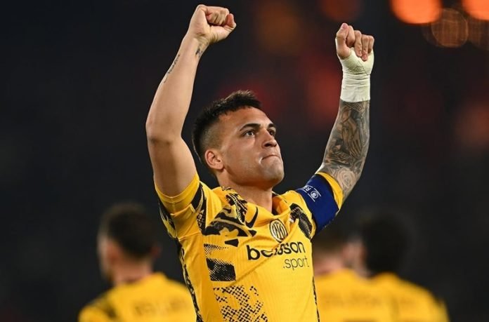 Lautaro Martinez, bintang Inter Milan saat selebrasi gol ke gawang Feyenoord di Liga Champions