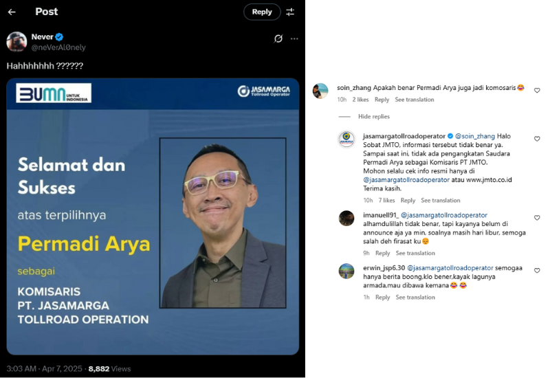 Hoax Permadi Arya Komisaris PT JMTO