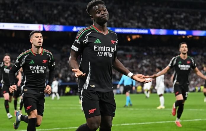 Skuad Arsenal selebrasi gol lawan Madrid di leg kedua perempat final Liga Champions