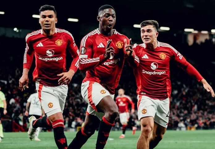 Skuad Manchester United selebrasi gol lawan Lyon di Liga Europa