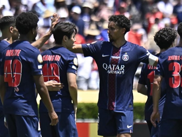 Skuad PSG saat selebrasi gol di Piala Dunia Antarklub lawan Atletico Madrid