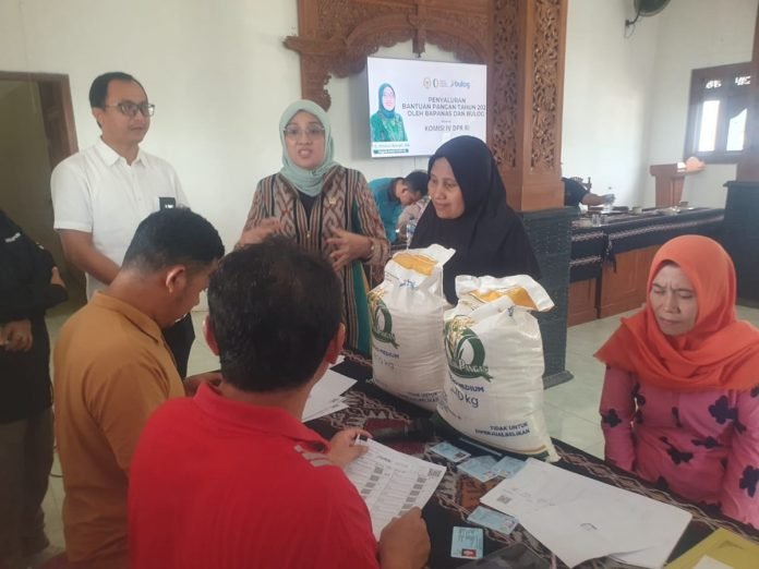 Hindun Anisah saat meninjau langsung penyaluran bantuan pangan di desa papasan