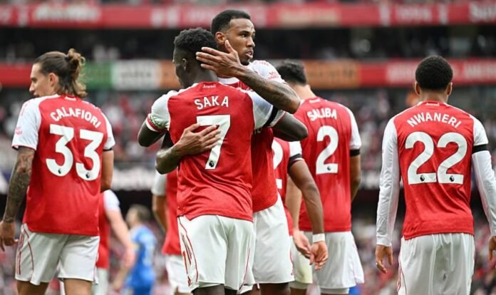 Bukayo Saka saat selebrasi gol lawan Leeds United