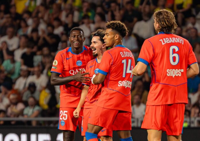 Skuad PSG saat selebrasi gol lawan Nantes di pekan perdana Ligue 1 musim 2025-2026