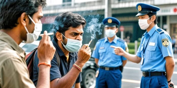 ilustrasi petugas jepang menegur warga india yang sedang merokok