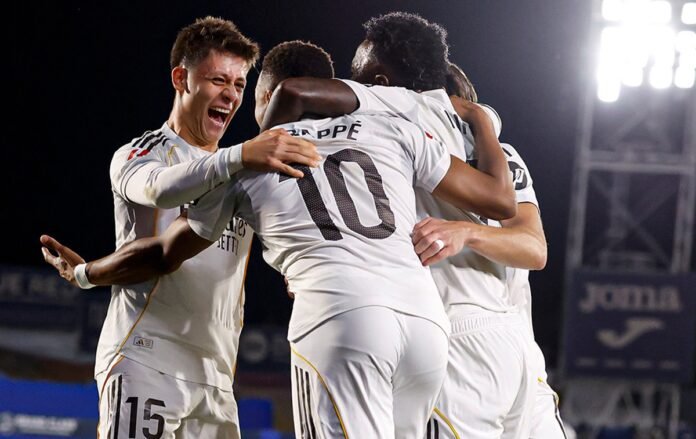 Kylian Mbappe dan skuad Real Madrid saat selebrasi gol lawan Getafe di Liga Spanyol