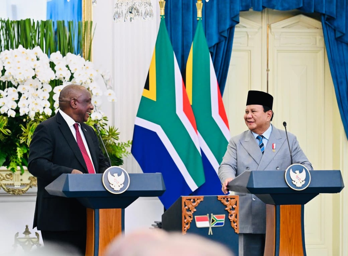 Presiden Prabowo Subianto dan Presiden Ramaphosa usai pertemuan bilateral di Istana Merdeka Jakarta