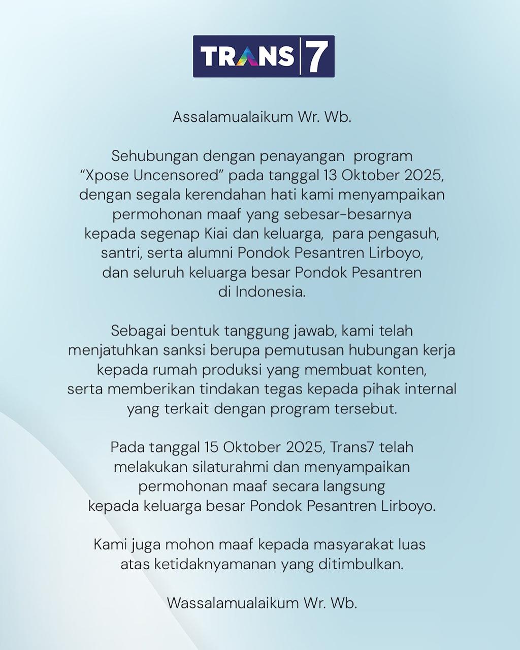 Trans7 PHK Mitra Kerja Usai Geger Geden dengan Ponpes Lirboyo 1 surat terbuka trans 7