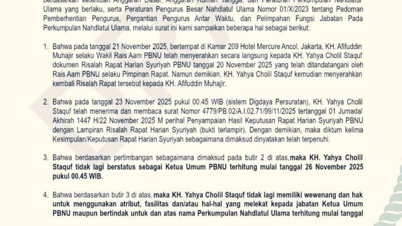 Surat PBNU pecat Yahya Cholil Staquf alias Gus Yahya sebagai Ketua Umum PBNU_HOLOPIS.