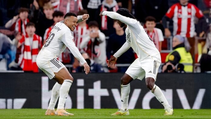 Kylian Mbappe selebrasi gol saat Real Madrid melawan Athletic Bilbao - Holopis