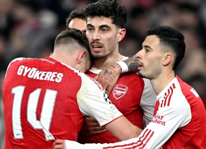Skuad Arsenal selebrasi gol lawan Kairat Almaty di Liga Champions - Holopis