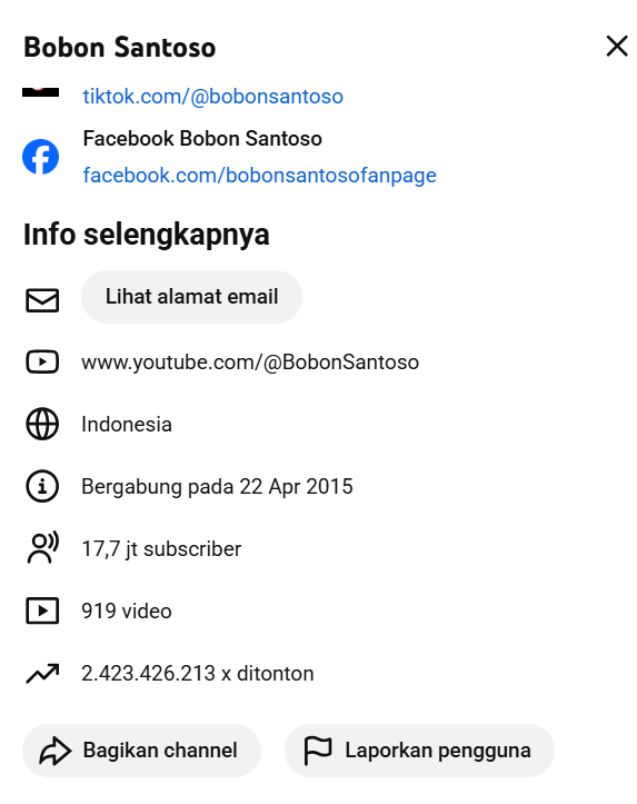 Akun Youtube Bobon Santoso