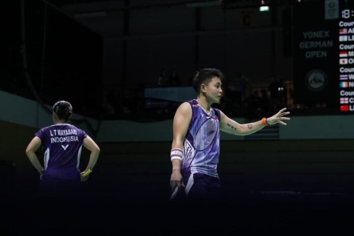 Lanny-Apri saat tampil di German Open 2026 - Holopis