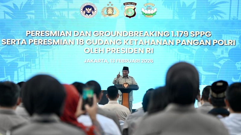 Presiden Prabowo Subianto saat peresmian 1.072 SPPG dan 18 Gudang Ketahanan Pangan Polri serta groundbreaking 107 SPPG Polri - Holopis