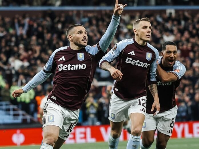 Skuad Aston Villa Selebrasi Gol Menghadapi Nottingham Forest Pada Leg Kedua Semifinal Liga Europa Holopis